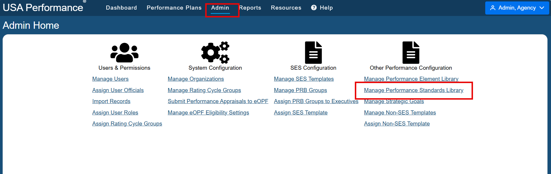 USA Performance Admin Dashboard image showing Manage Performance Standards Library (listed under the category "Other Performance Configuration") selected.