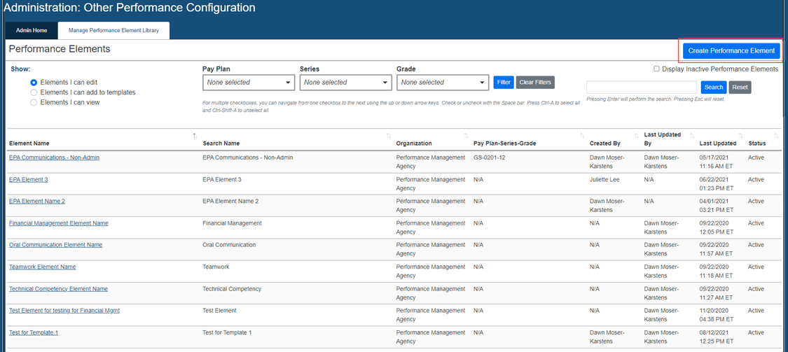 USA Performance dashboard image showing "Create Performance Element" button selected.
