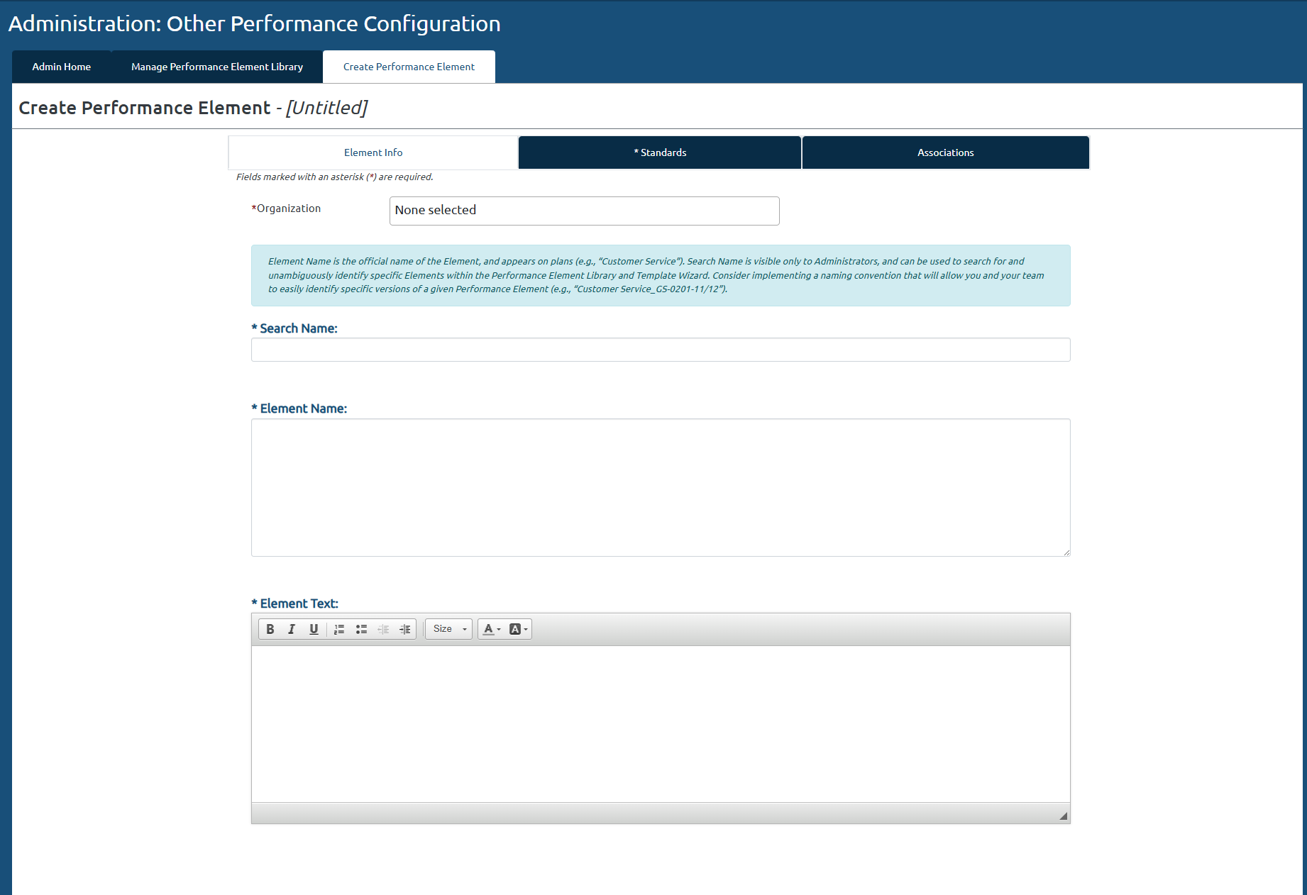 USA Performance image showing how to Create Performance Element and enter Element Info