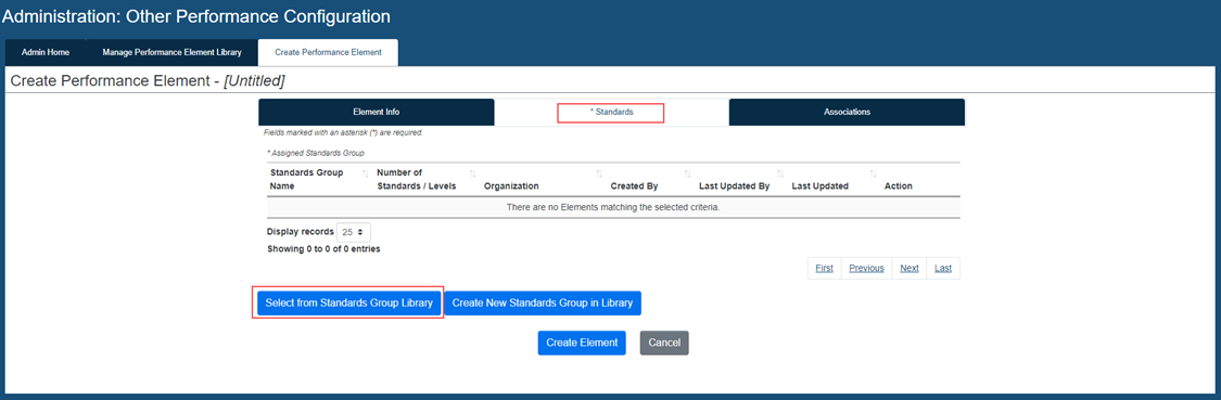 USA Performance dashboard showing the standards button of how to select one from the standards group library in the create performance element option.