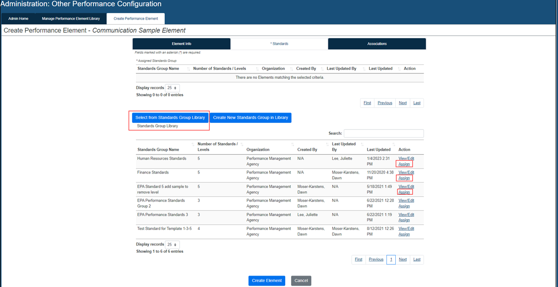 Image of USA Performance admin view when creating a Performance Element how the button to select from standard group library is available to assign a standard to a performance element.