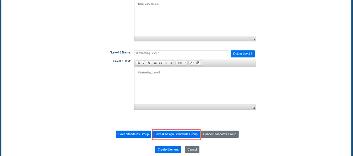 Image showing the admin view of USA Performance of how to save and assign the standards group.