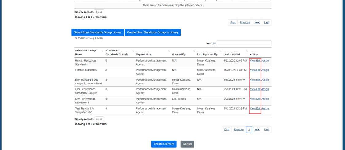 USA Performance admin view of how to create a performance element and how to see view, edit, or assign as an action for the standards in a group.
