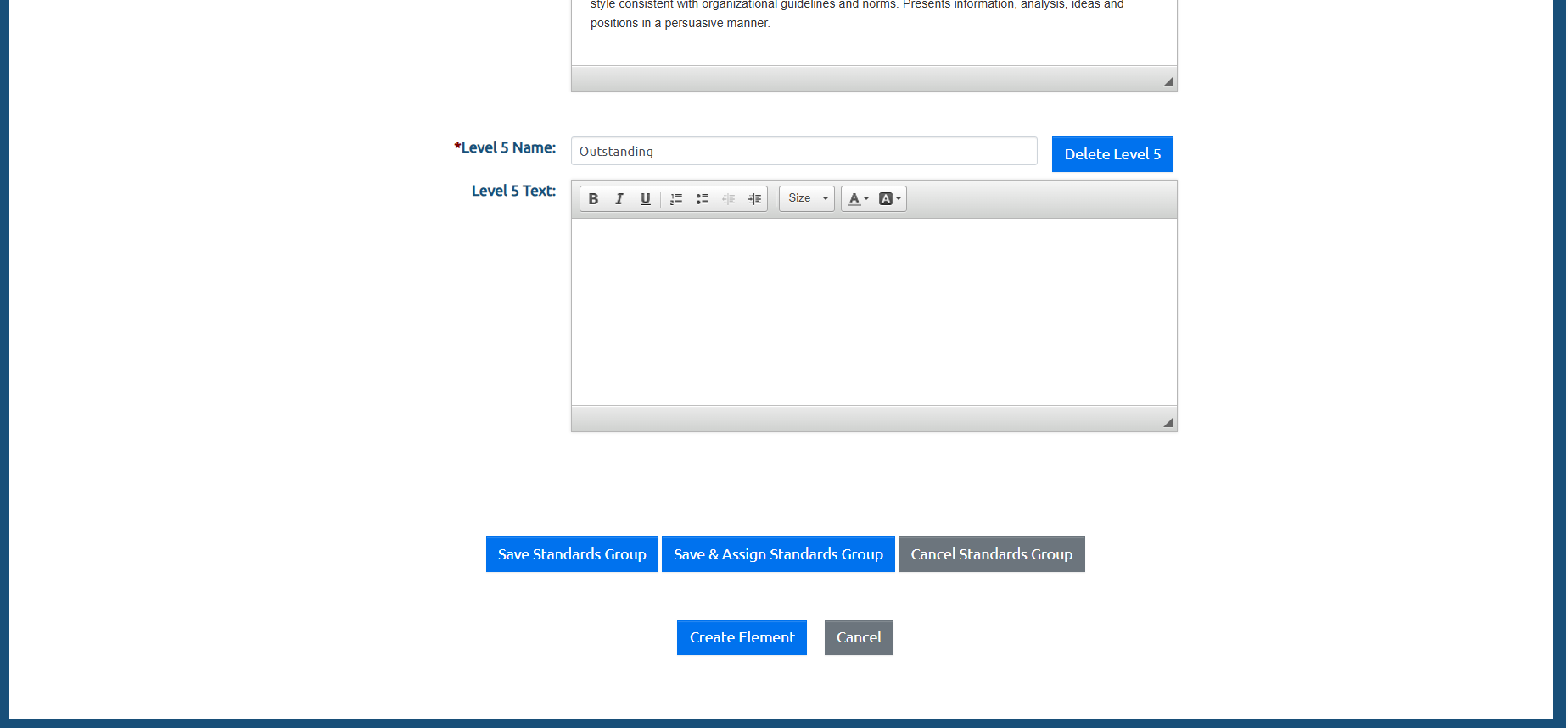 Image of USA Performance admin view of the button to save/assign/cancel the standards group