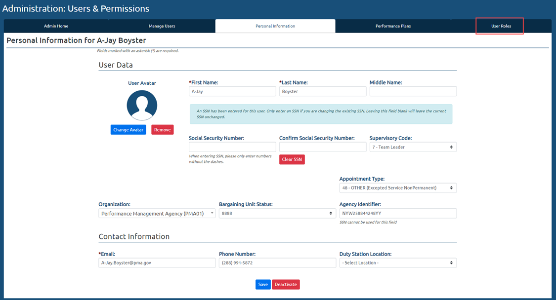 Image of the USA Performance admin view to manage users highlighting the user roles tab.