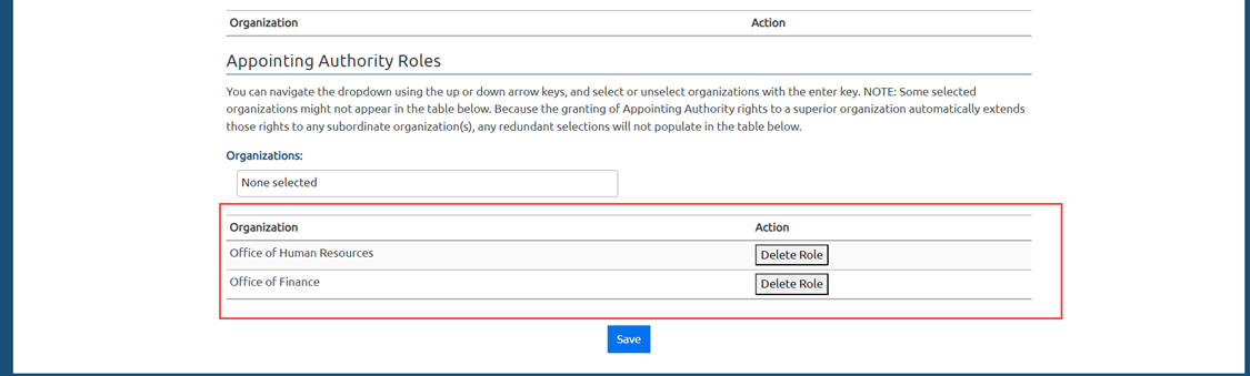 Image of the USA Performance admin view to manage users highlighting how to navigate to the appointing authority roles and confirmation message that displays upon saving.