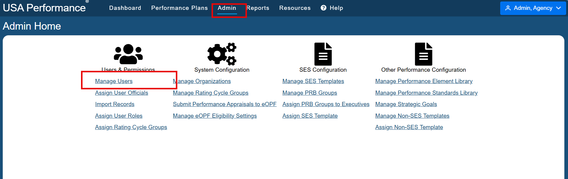 Image of USA Performance Admin dashboard showing the "Manage Users" option under Users & Permissions category.