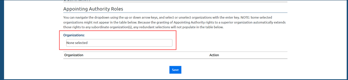 Image of the USA Performance admin view to manage users highlighting how to navigate to the appointing authority roles.