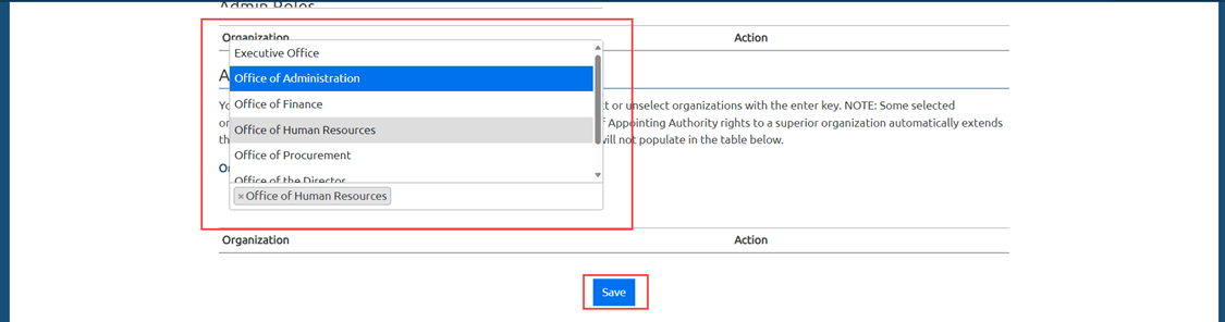 Image of the USA Performance admin view to manage users highlighting how to navigate to the appointing authority roles and the drop down options.