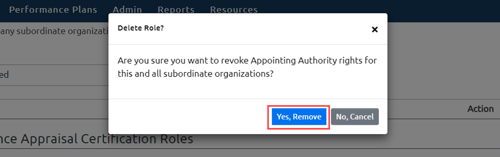 Image of the USA Performance admin view to manage users highlighting how to navigate to the appointing authority roles and the remove role confirmation modal.