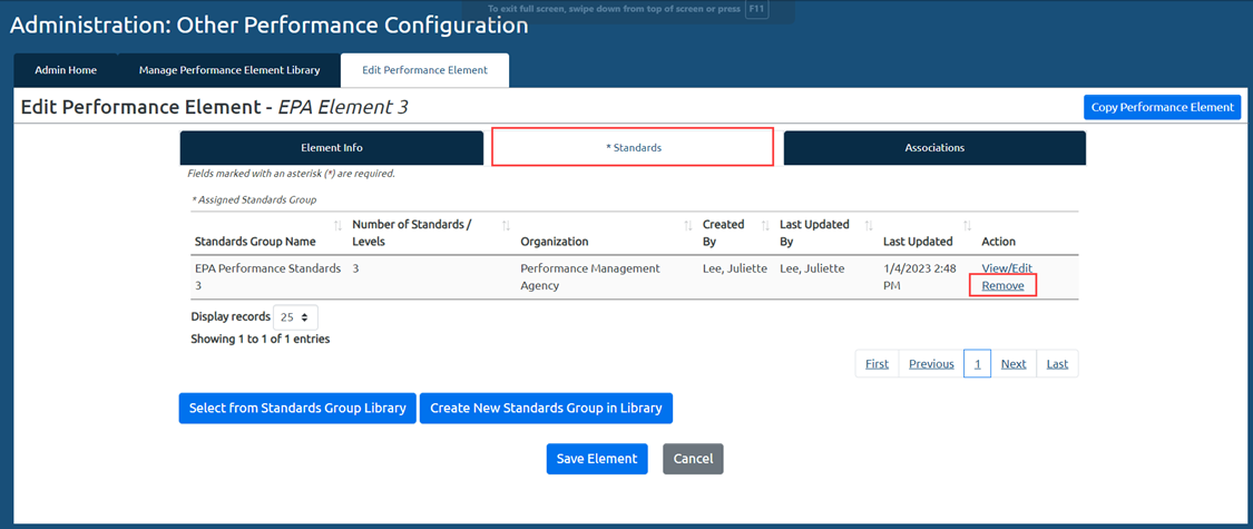 Image depicting the USA Performance Admin Dashboard with the Edit Performance Element tab and Standards showing how to remove a standard.