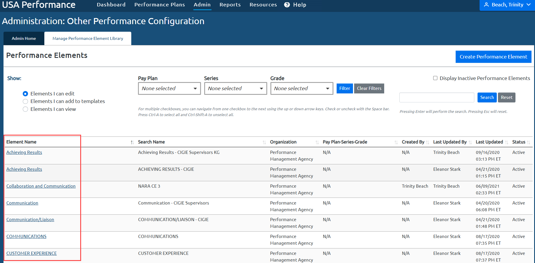 Image depicting the USA Performance Admin Dashboard with the Manage Performance Element Library tab open and Element Name Column selected.
