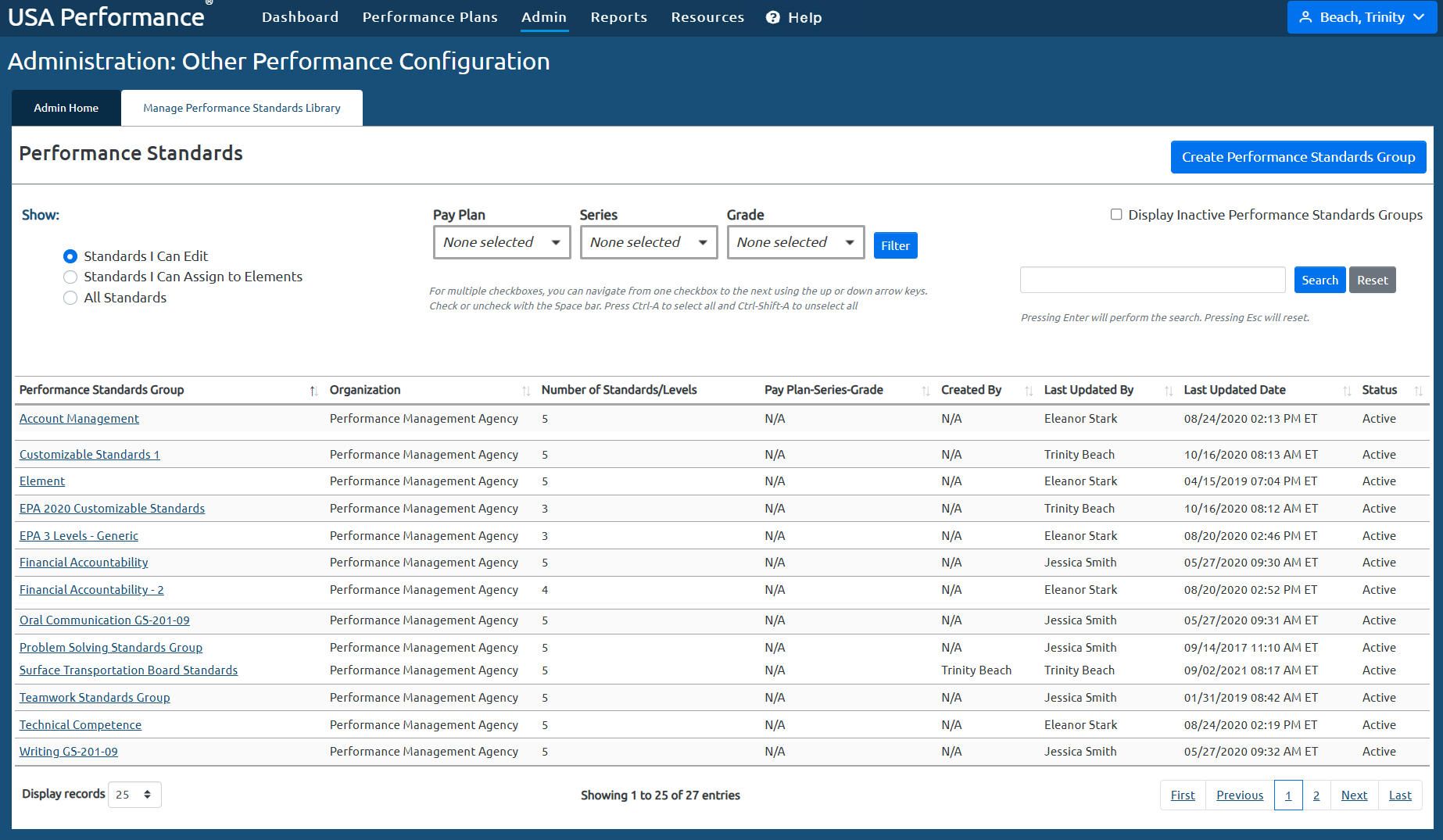 Image showing the USA Performance Admin dashboard view to manage performance standards library.