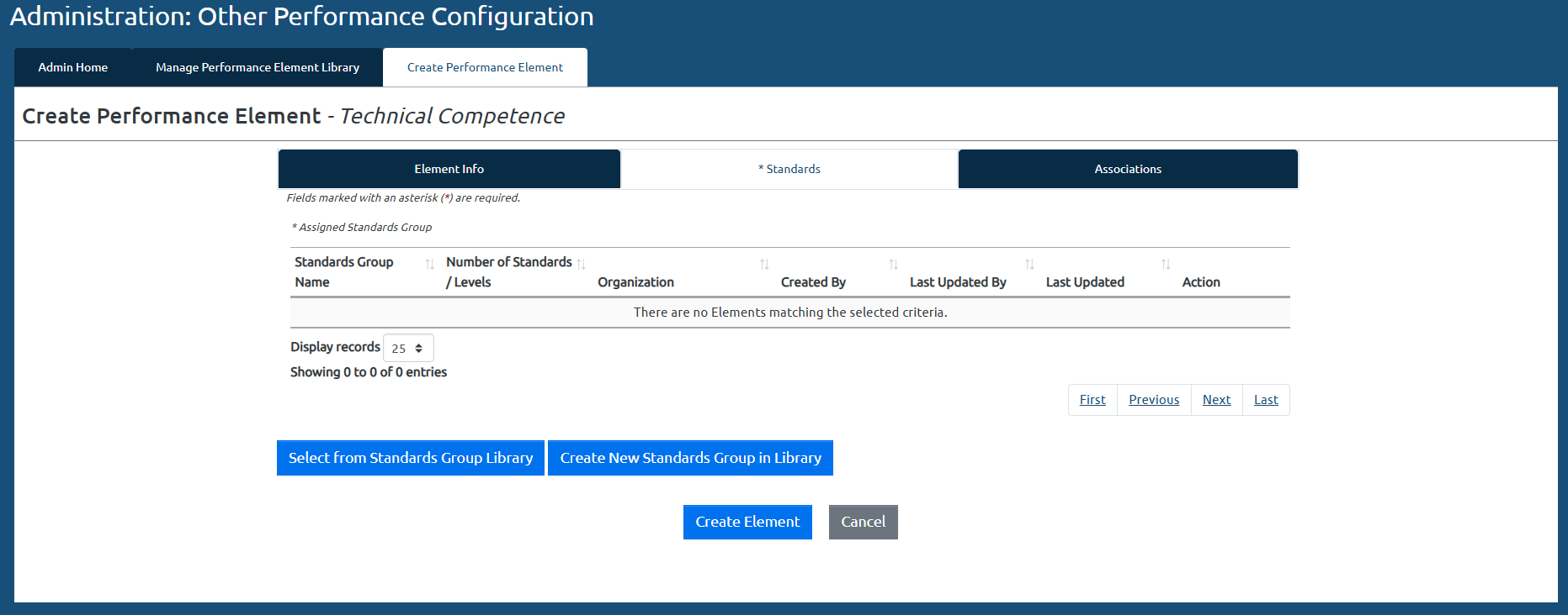 USA Performance dashboard showing how to Create Performance Element Standards Info as an Admin.