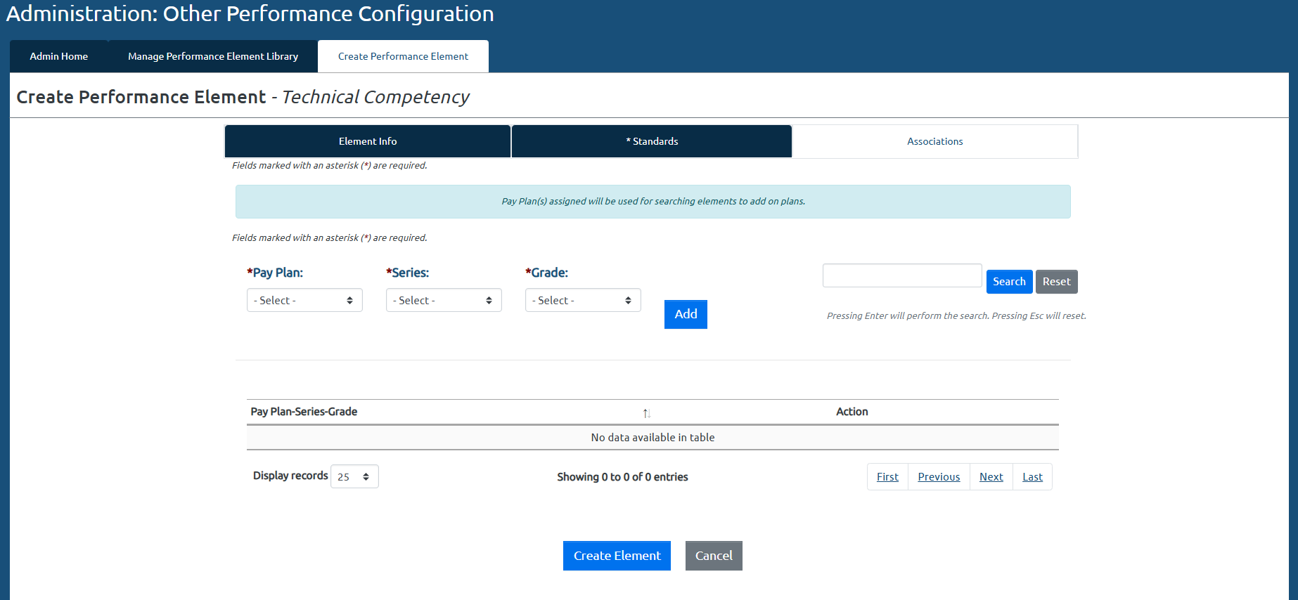 Image showing the admin view of USA Performance of how the associations tab is available under the create performance element tab.