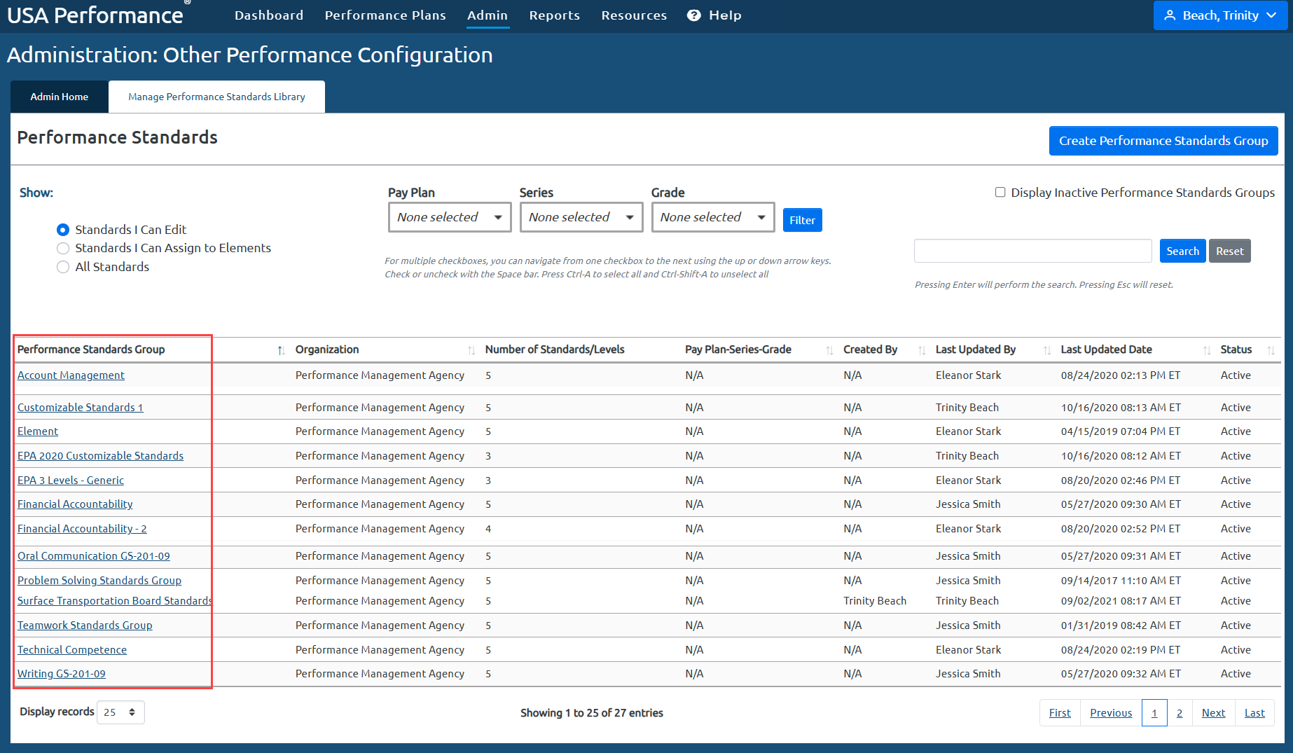 USA Performance Admin Dashboard image demonstrating how to select and manage performance standards groups