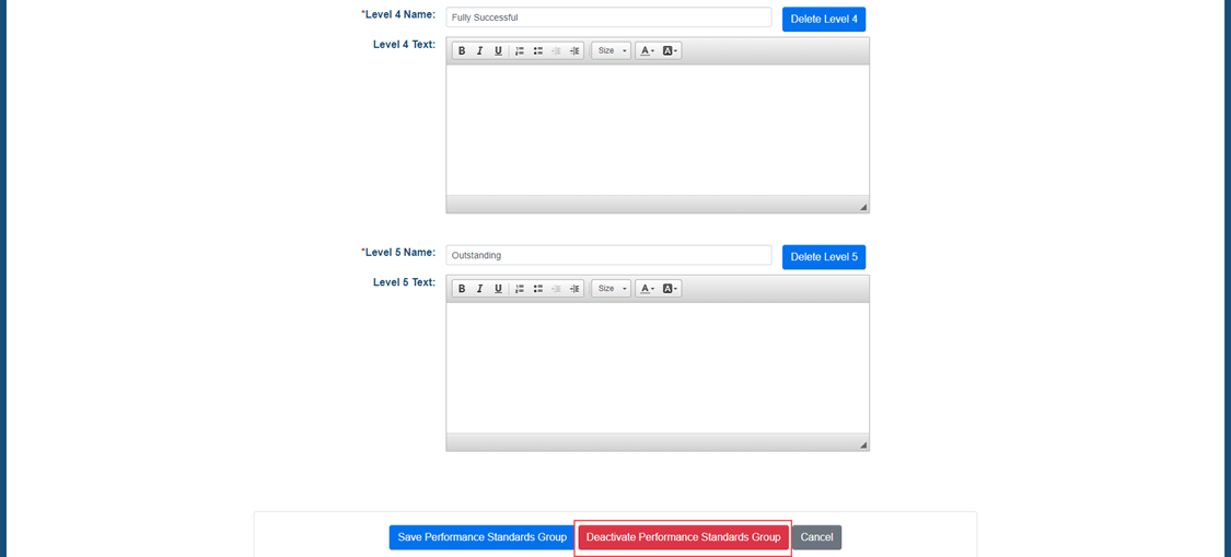 USA Performance Admin image demonstrating how to select the deactivate performance standards group button.