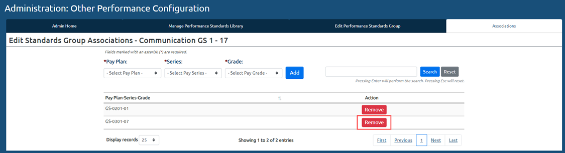 USA Performance Admin Dashboard image demonstrating how to select and remove associations of performance standards
