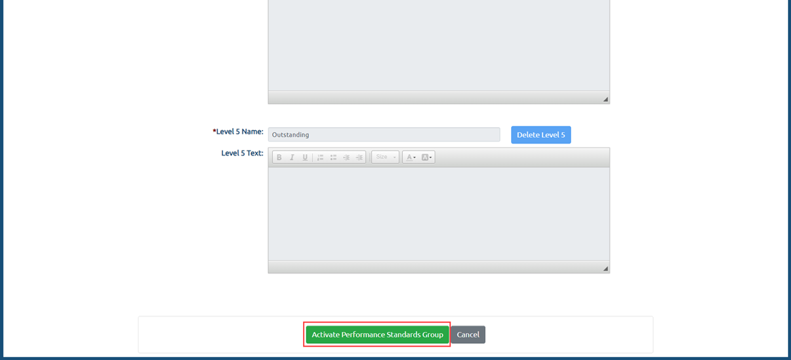 USA Performance Admin image demonstrating how to activate the performance standards group button.