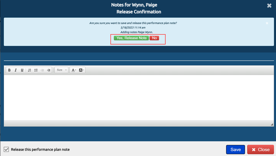 Image showing the USA Performance Notes modal and how to release the note.