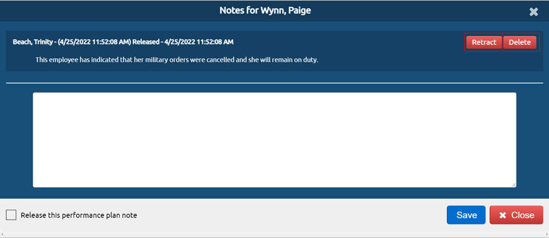 Image showing the USA Performance Notes modal with history and how to retract or delete.